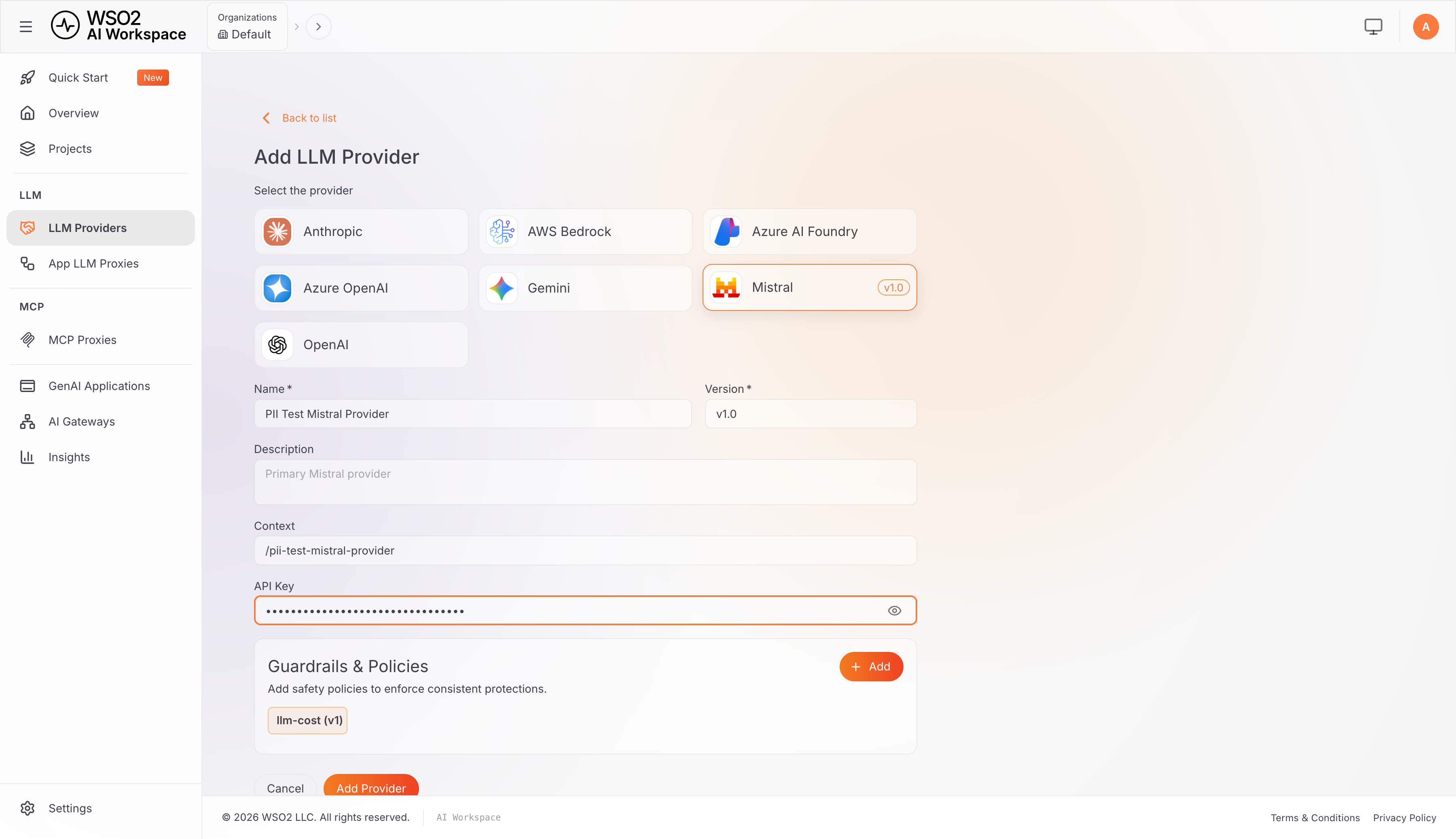 API Key field and Guardrails &amp; Policies section