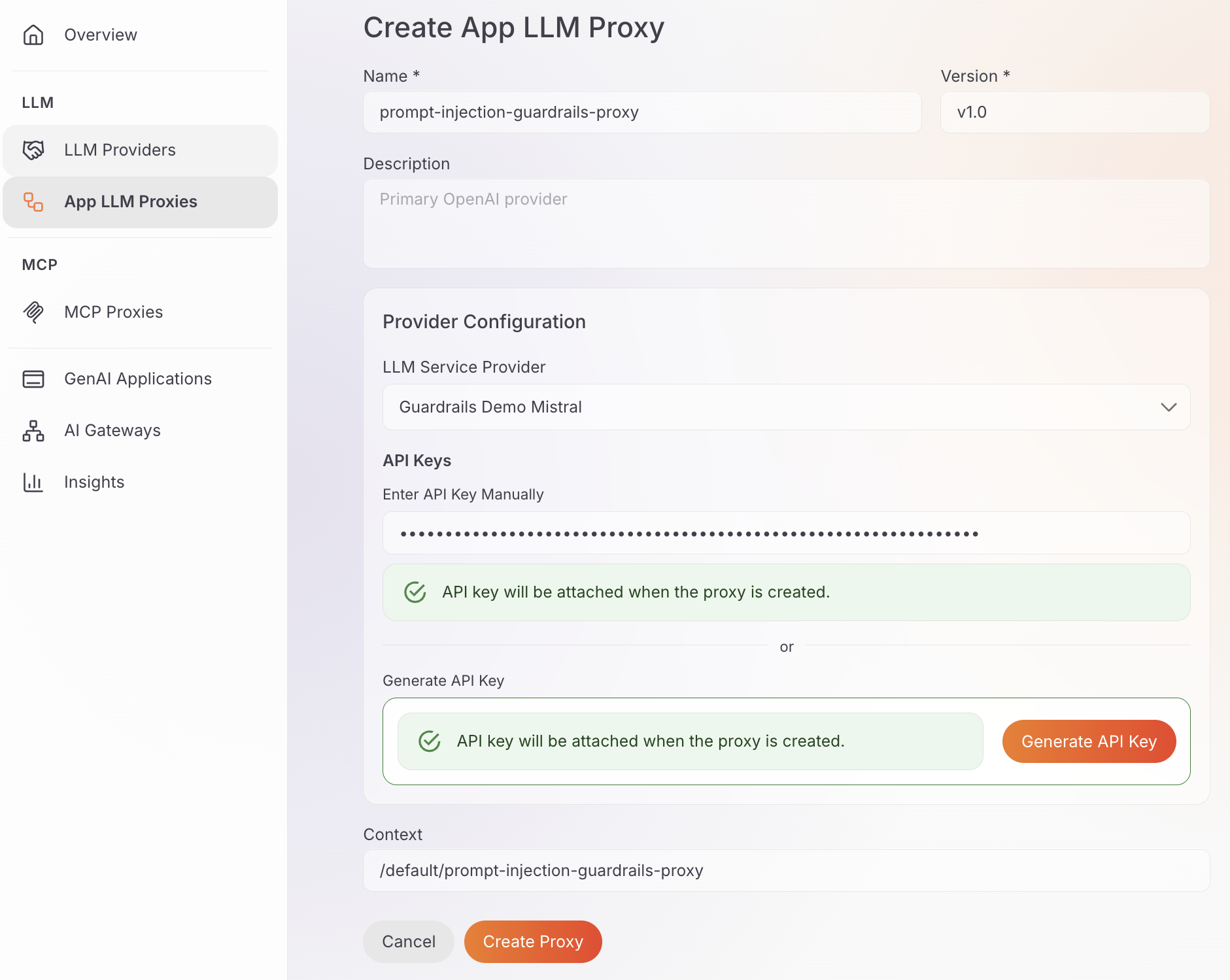Creating an App LLM Proxy that fronts the Mistral provider