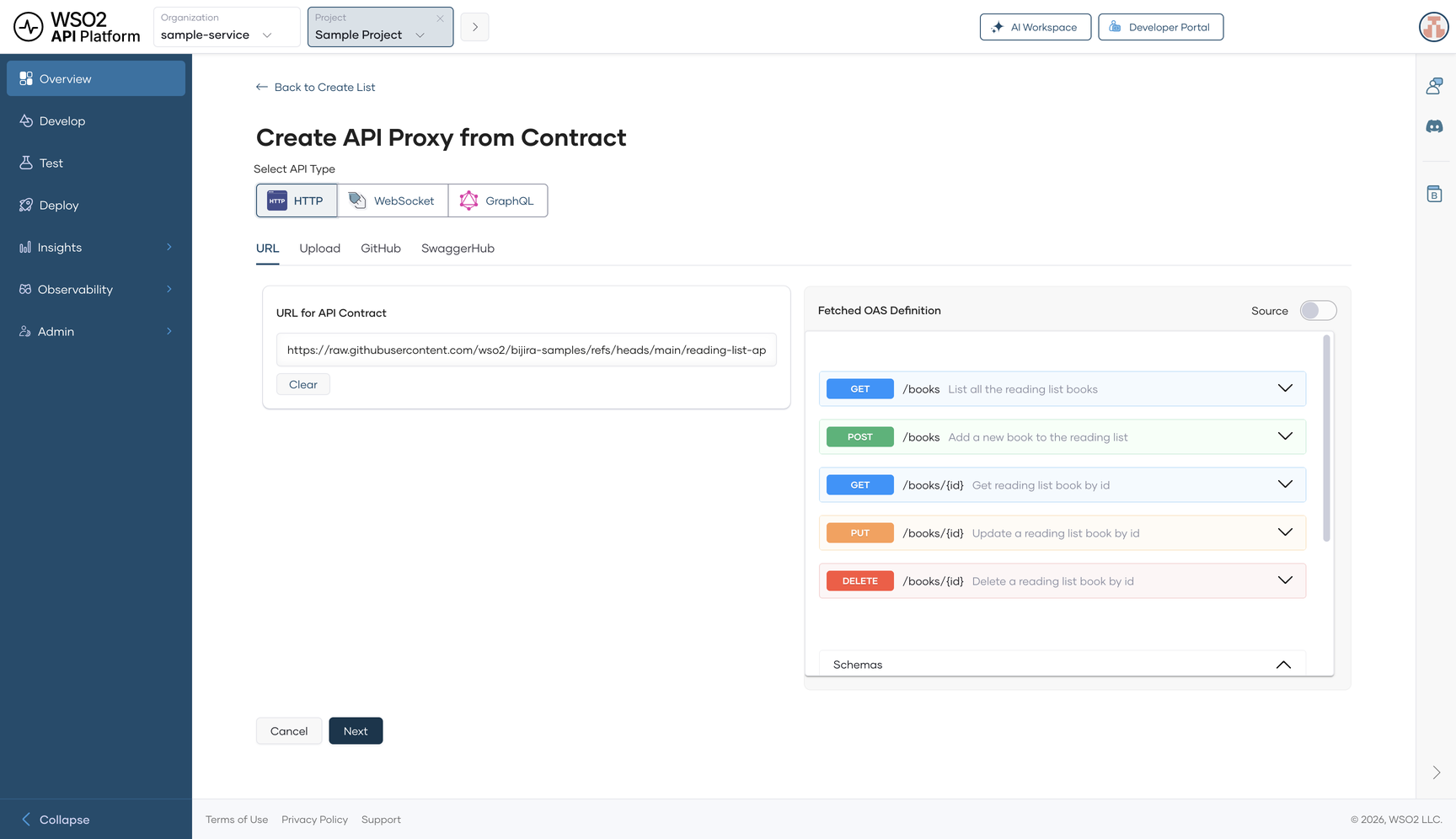 The Create API Proxy from Contract page, showing the endpoints fetched from the sample Reading List API definition