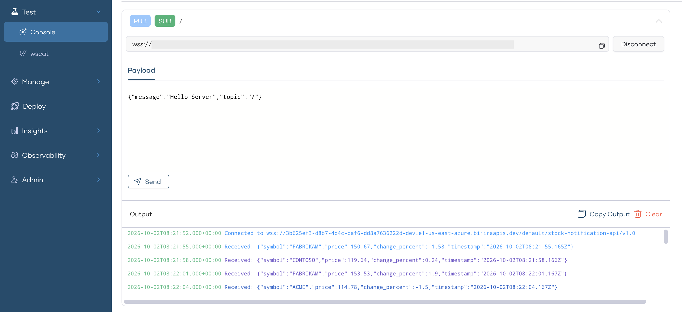 Two WebSocket Console tabs receiving the same broadcast notification