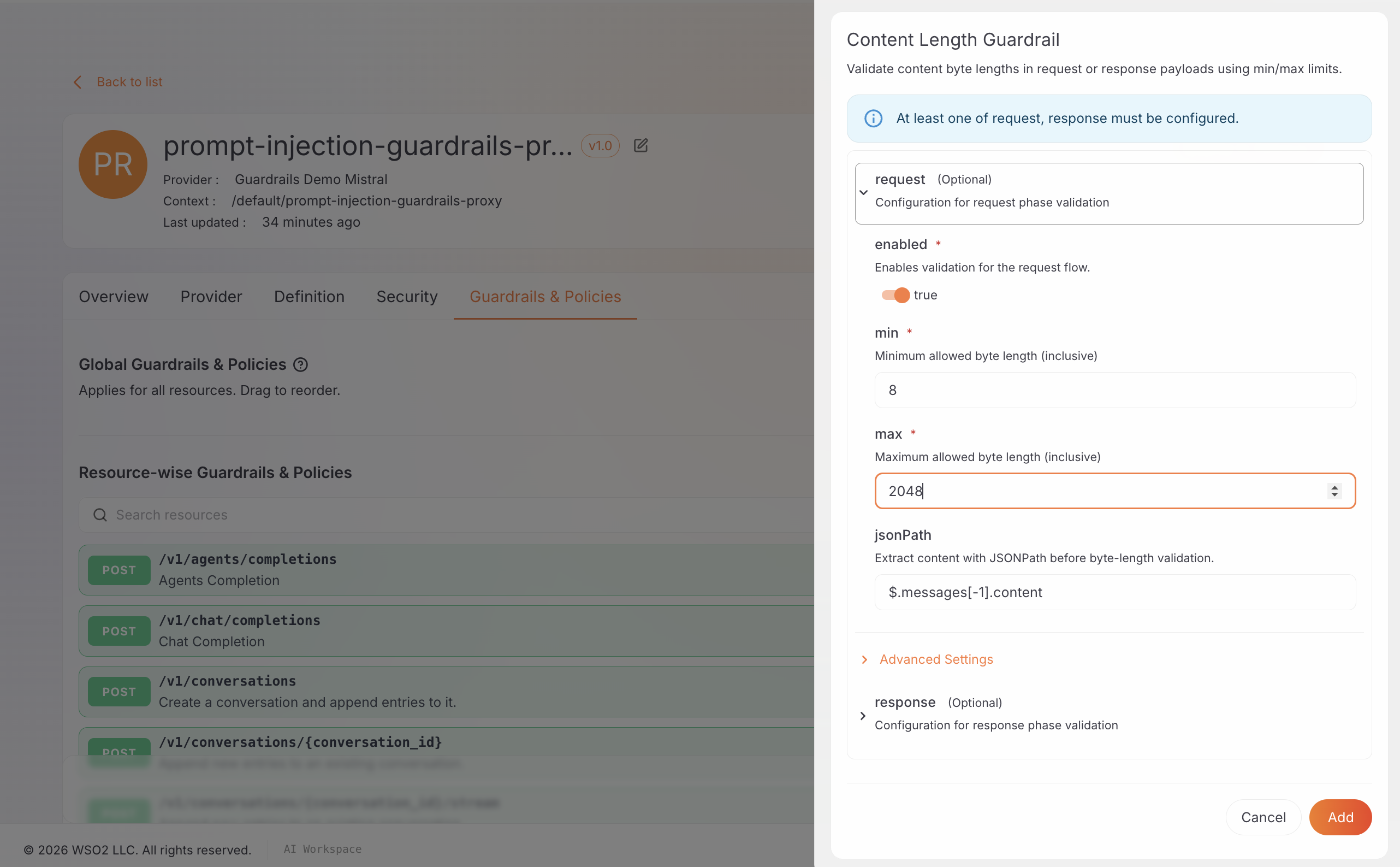 Content Length Guardrail configuration on the LLM proxy