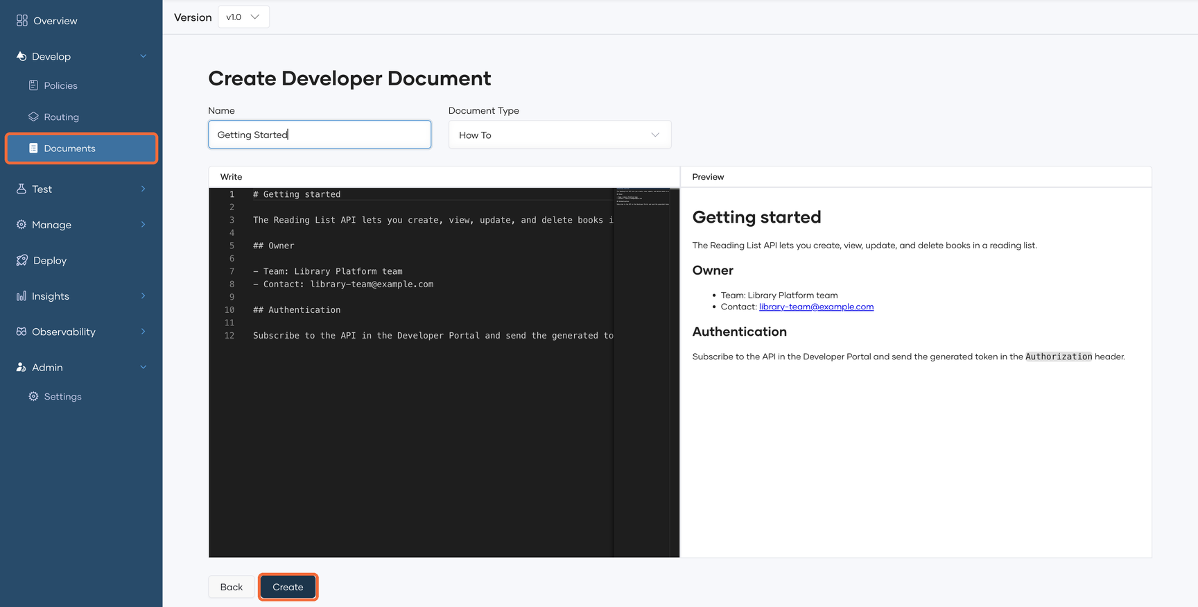 The Documents menu item highlighted in the left navigation, next to the Create Developer Document form
