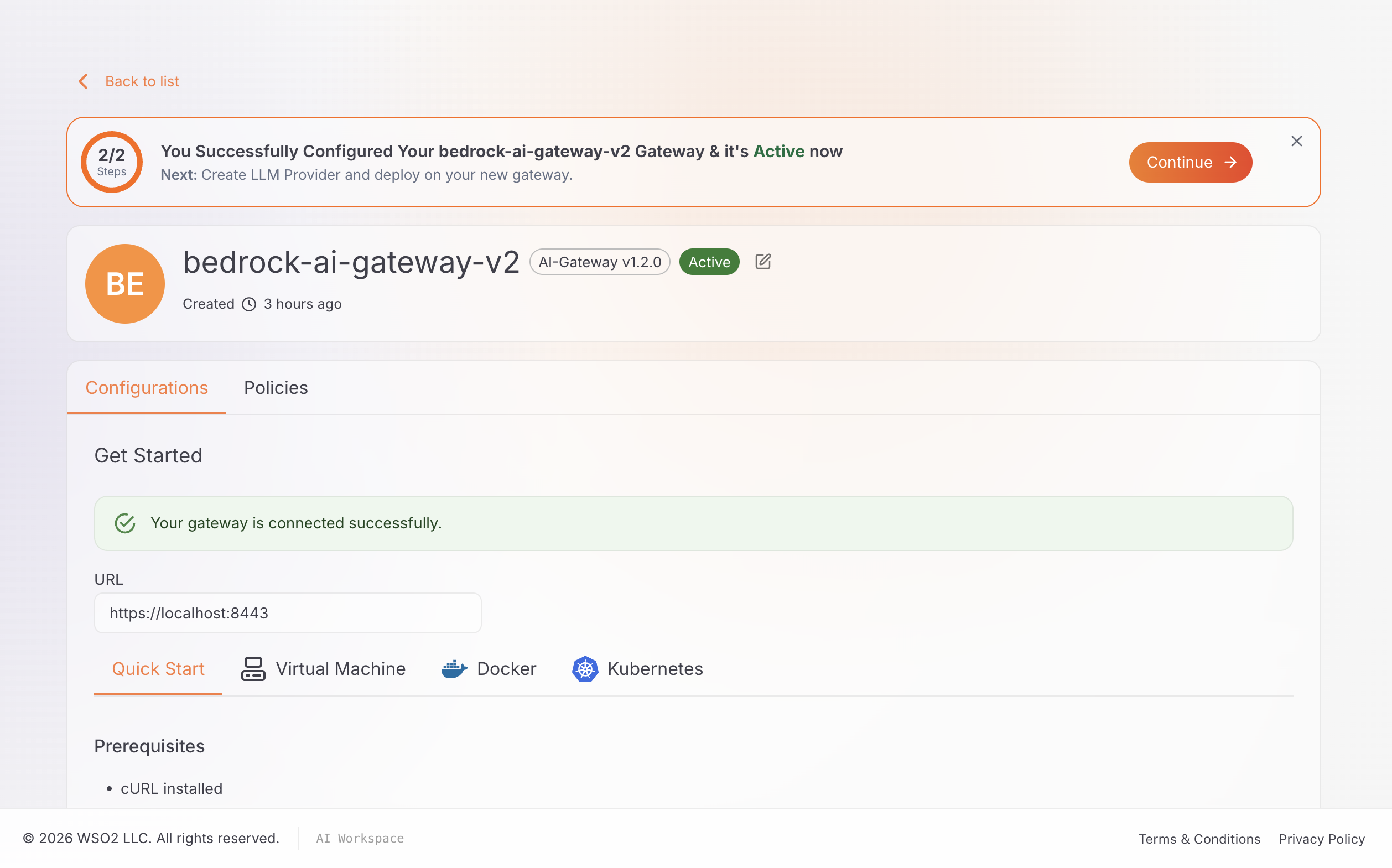 Gateway detail page showing "2/2 Steps: You Successfully Configured Your bedrock-ai-gateway-v2 Gateway & it's Active now" with the Quick Start setup panel below