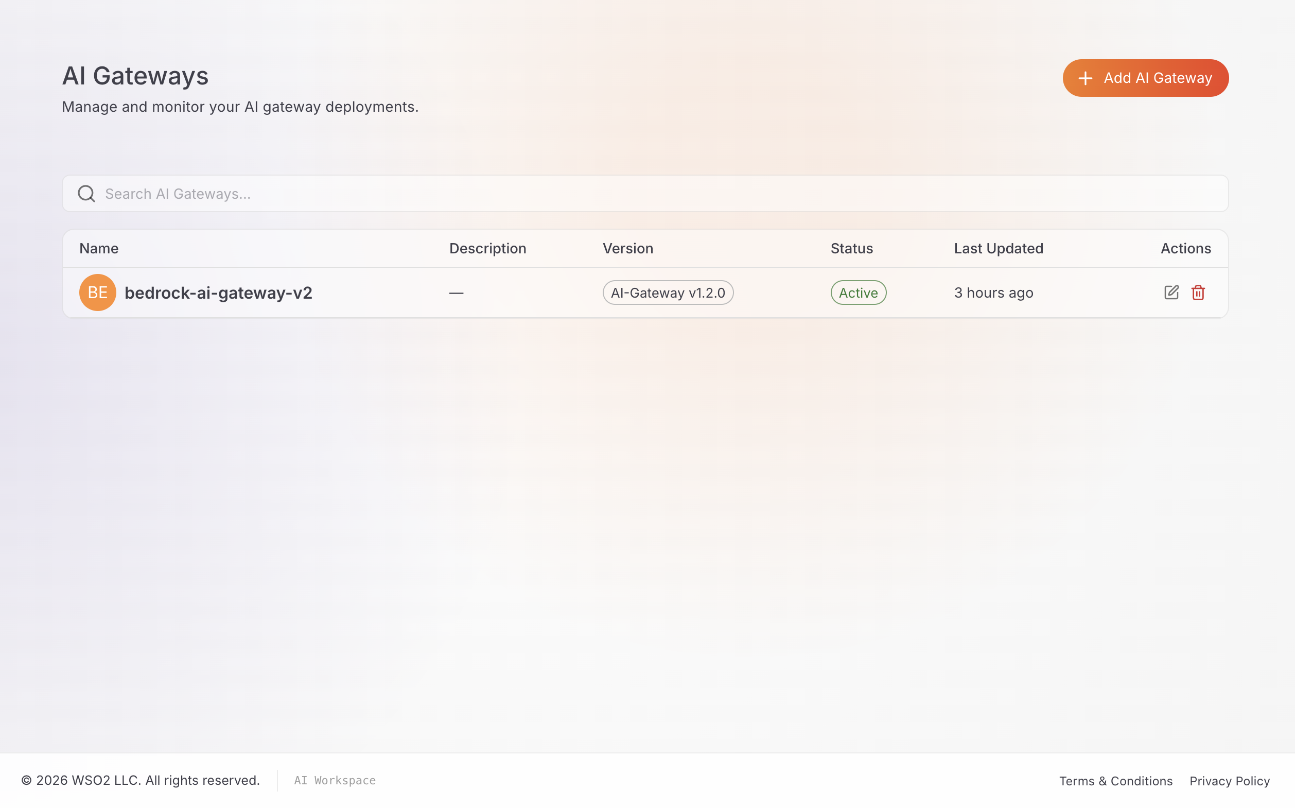 AI Gateways list showing bedrock-ai-gateway-v2 with Status Active
