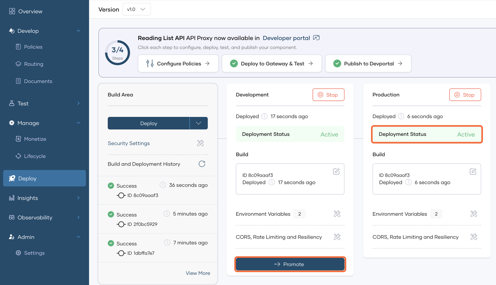 The Deploy page with the Promote button on the Development card and the Active status on the Production card highlighted