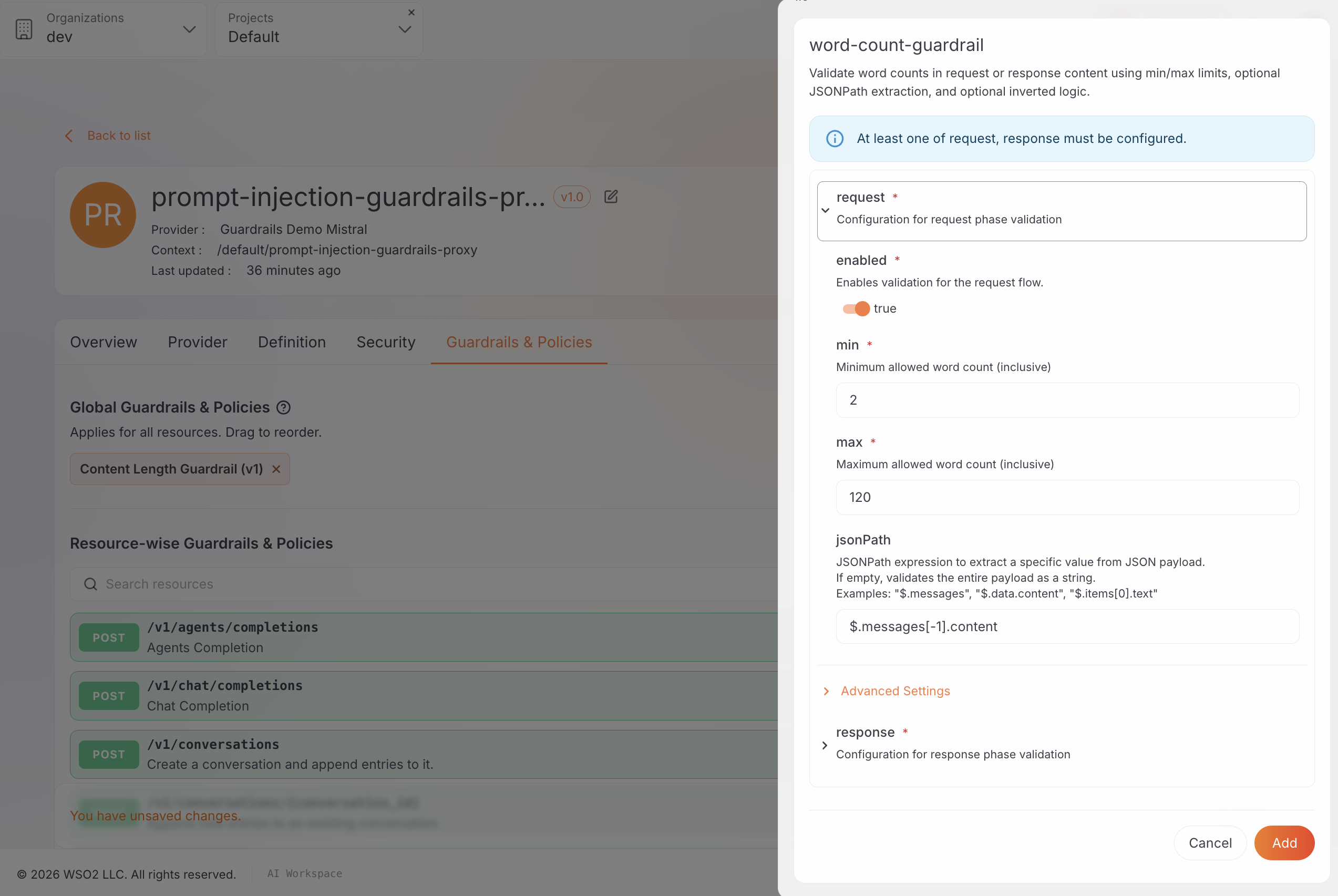 Word Count Guardrail configuration on the LLM proxy