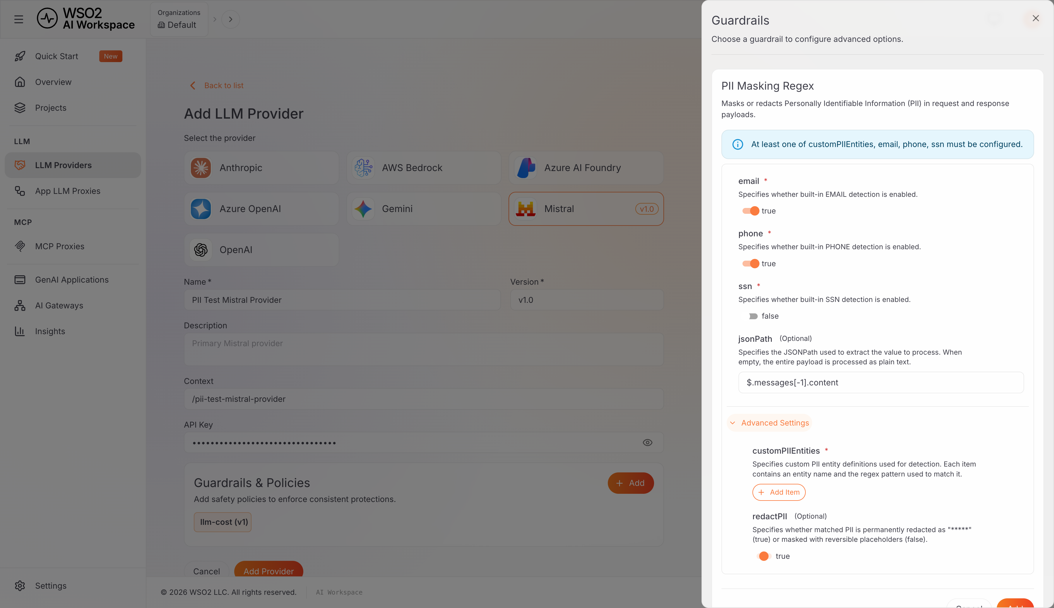 redactPII enabled, alongside email, phone, and jsonPath