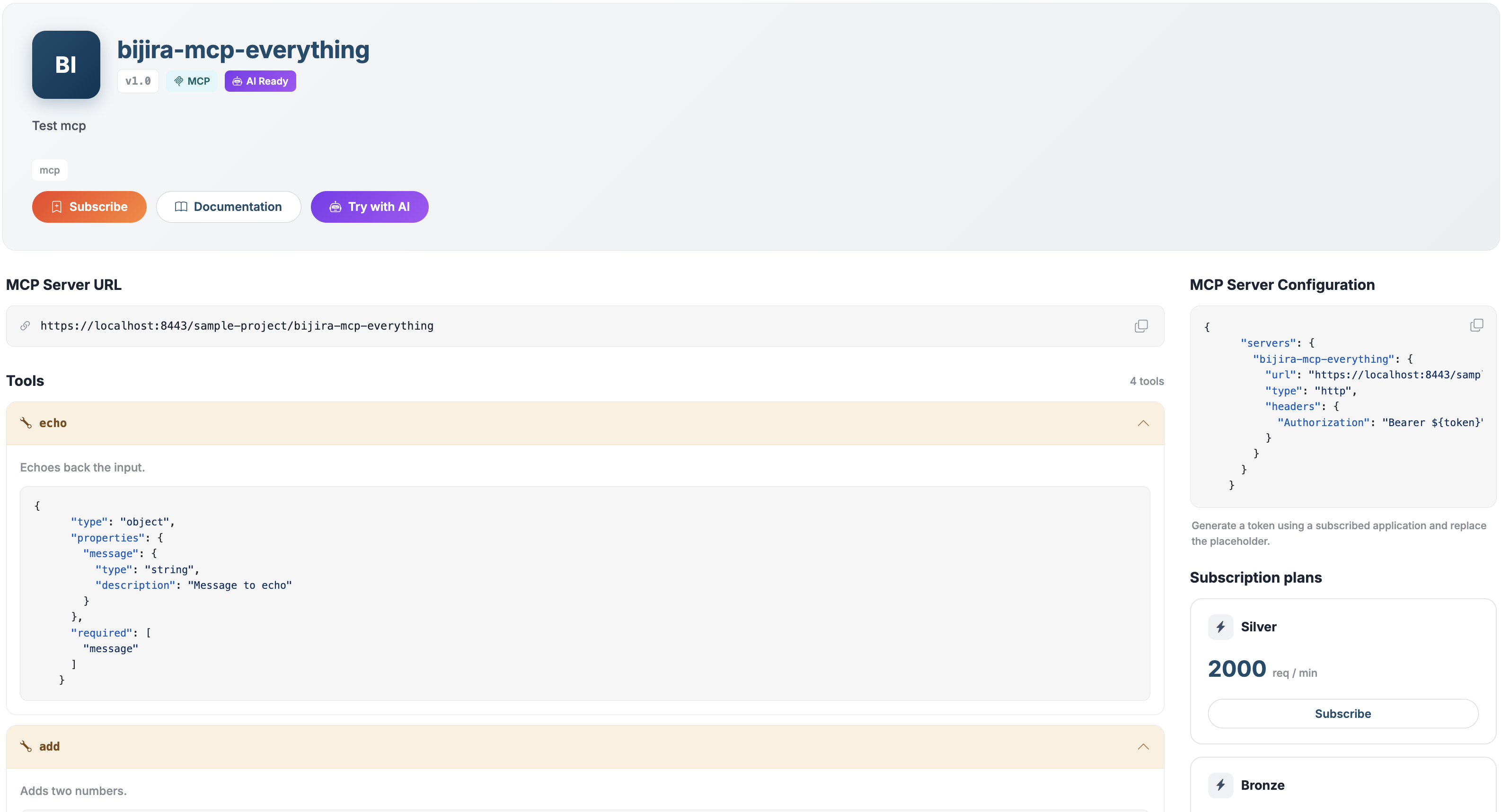 An MCP server in MCP Hub, showing its URL, tools, client configuration, and subscription plans