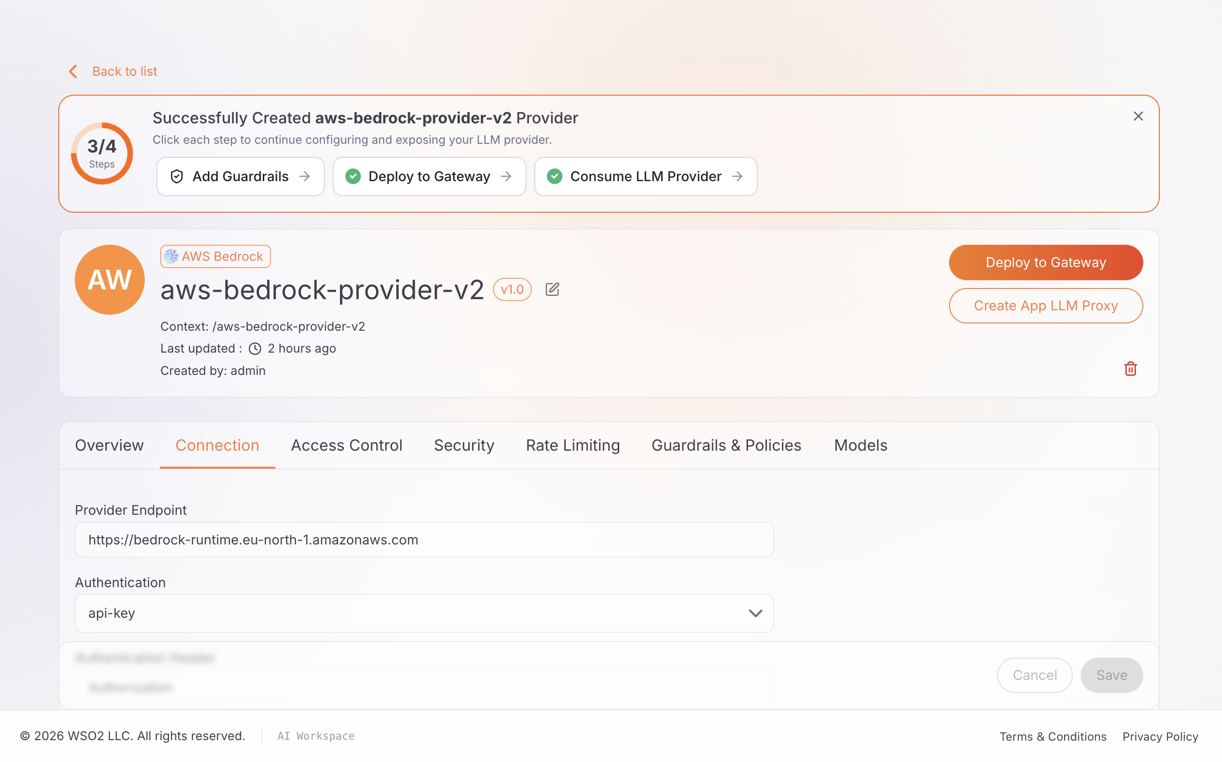 Provider Connection tab showing Provider Endpoint https://bedrock-runtime.eu-north-1.amazonaws.com, Authentication api-key, and Authentication Header Authorization