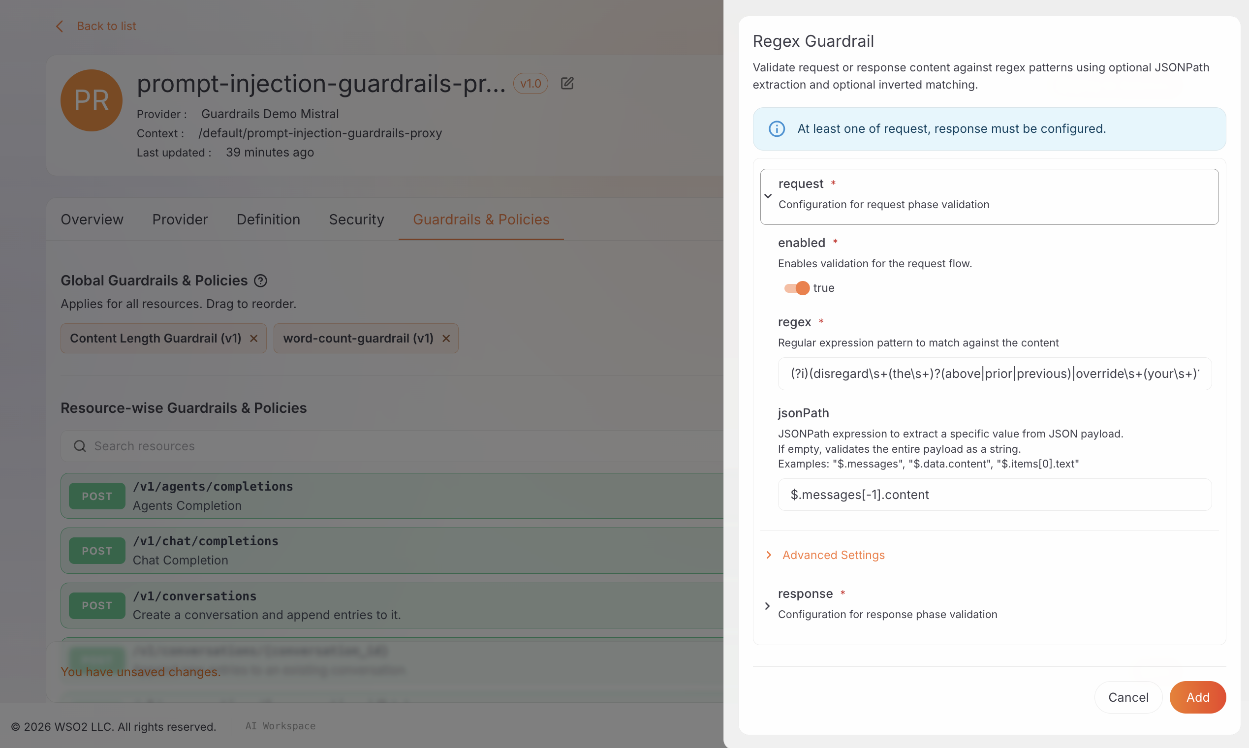 Regex Guardrail configured as an injection phrasing blocklist