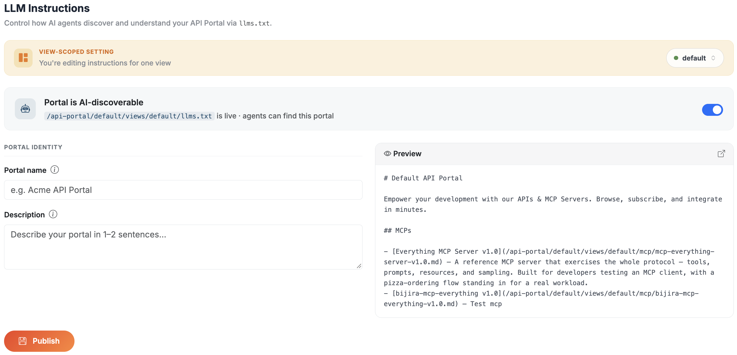 The LLM Instructions settings in API Portal, with a preview of the llms.txt file listing the published MCP server