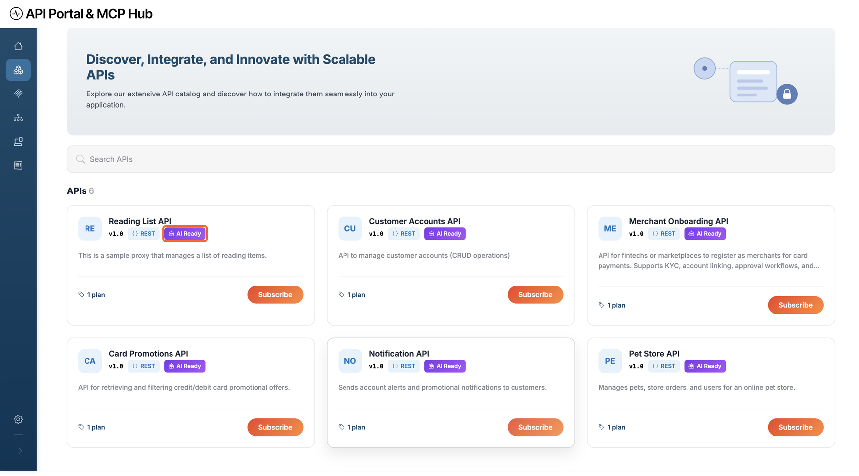 The API catalog in the Developer Portal, with the AI Ready label highlighted on the Reading List API card