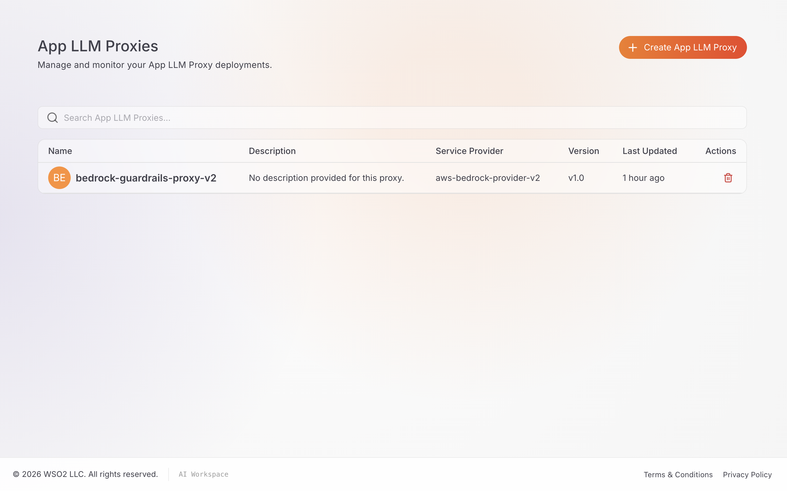 App LLM Proxies list at the project level, showing an existing bedrock-guardrails-proxy-v2 entry with Service Provider aws-bedrock-provider-v2