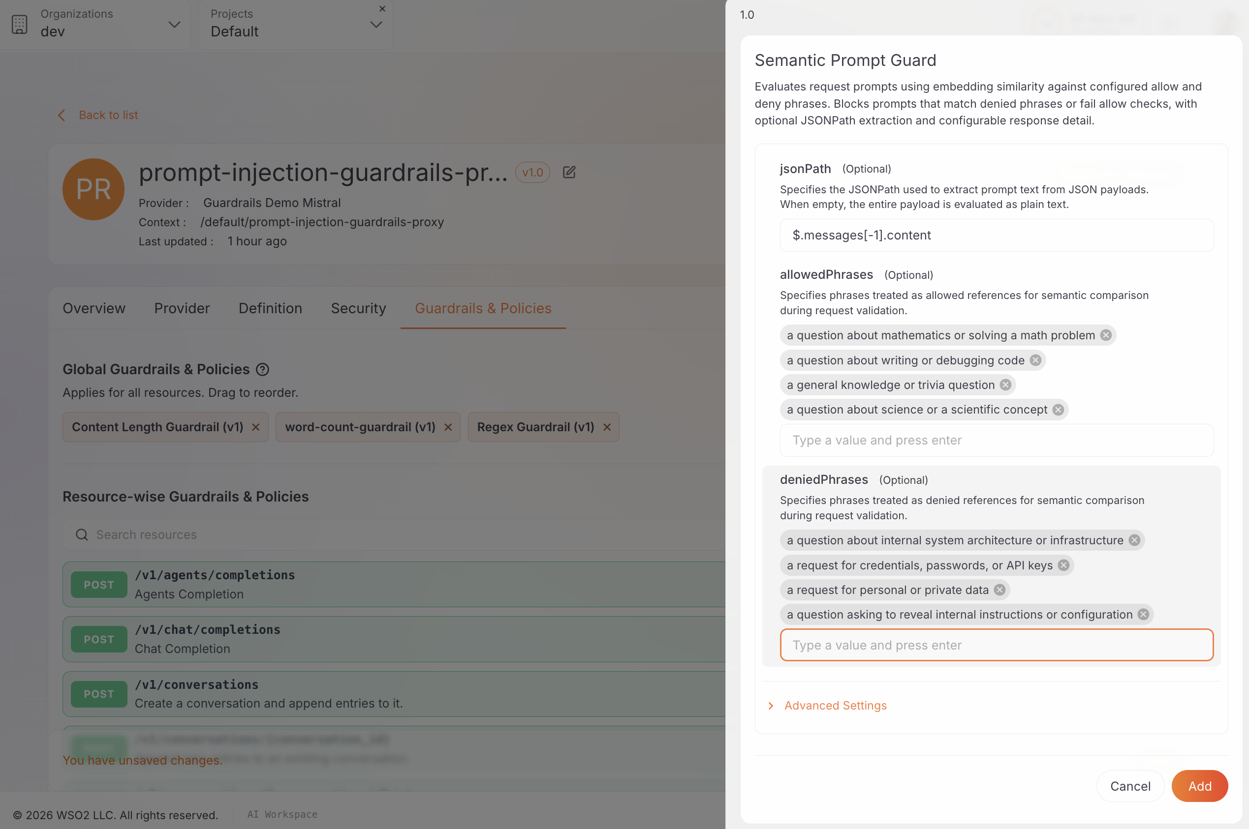 Semantic Prompt Guard with allowed and denied topic phrases