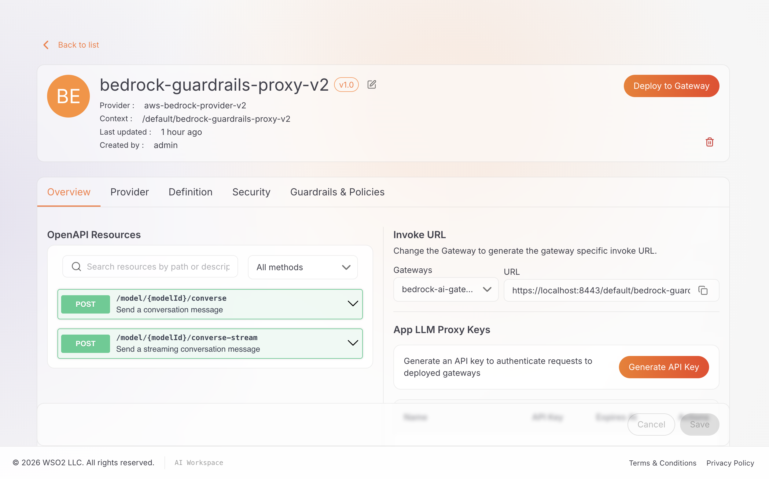 Proxy Overview tab showing OpenAPI Resources for POST /model/modelId/converse and POST /model/modelId/converse-stream, the real Invoke URL, and the App LLM Proxy Keys panel