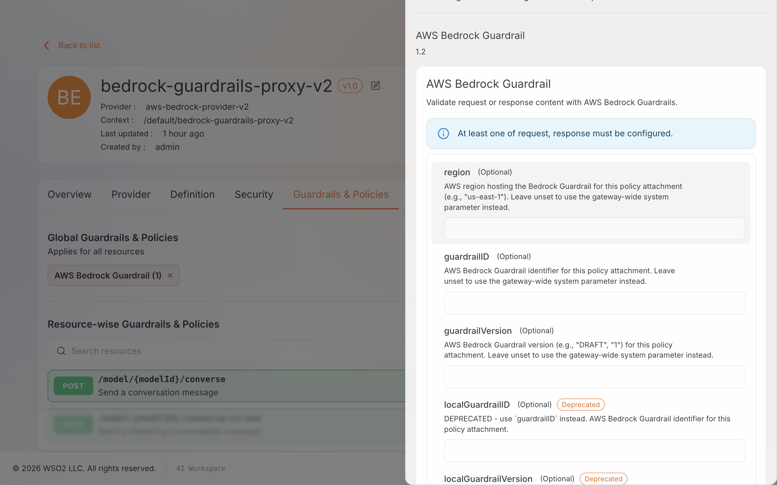 AWS Bedrock Guardrail configuration panel showing the region, guardrailID, and guardrailVersion fields, each marked Optional with helper text about the gateway-wide system parameter fallback, plus the deprecated localGuardrailID/localGuardrailVersion fields