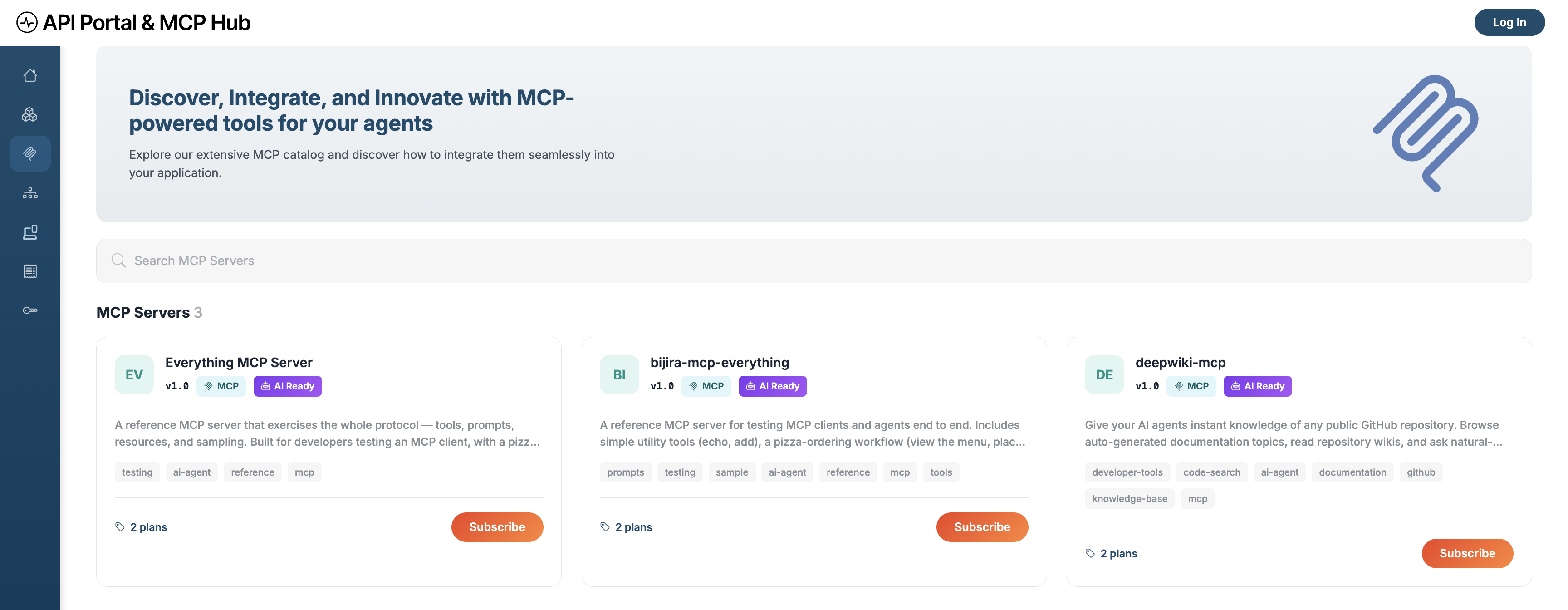 The MCP Servers catalog in MCP Hub, listing three published MCP servers with their subscription plans