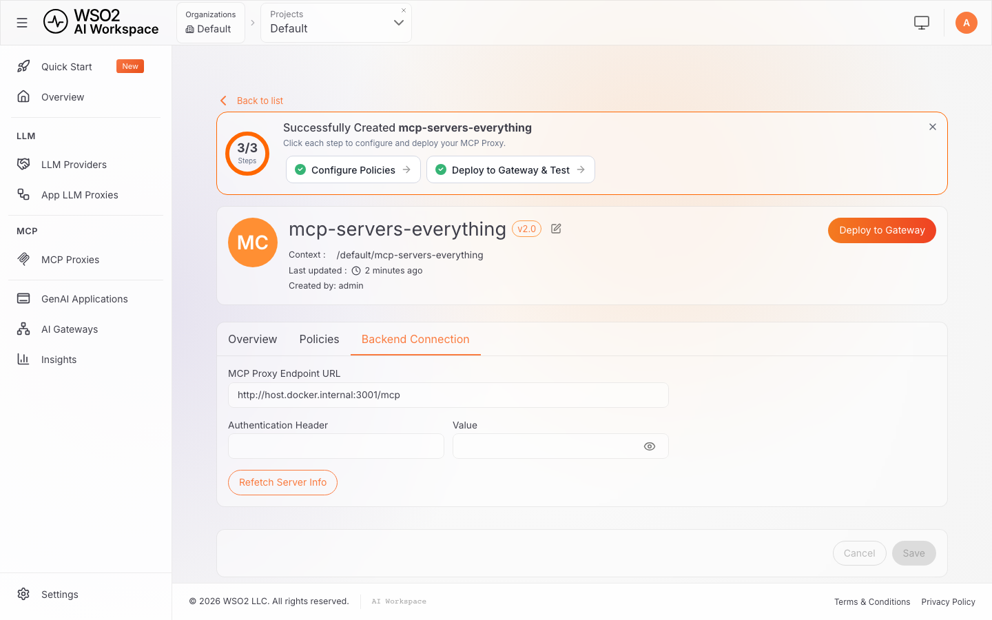 Backend Connection tab, raw upstream endpoint