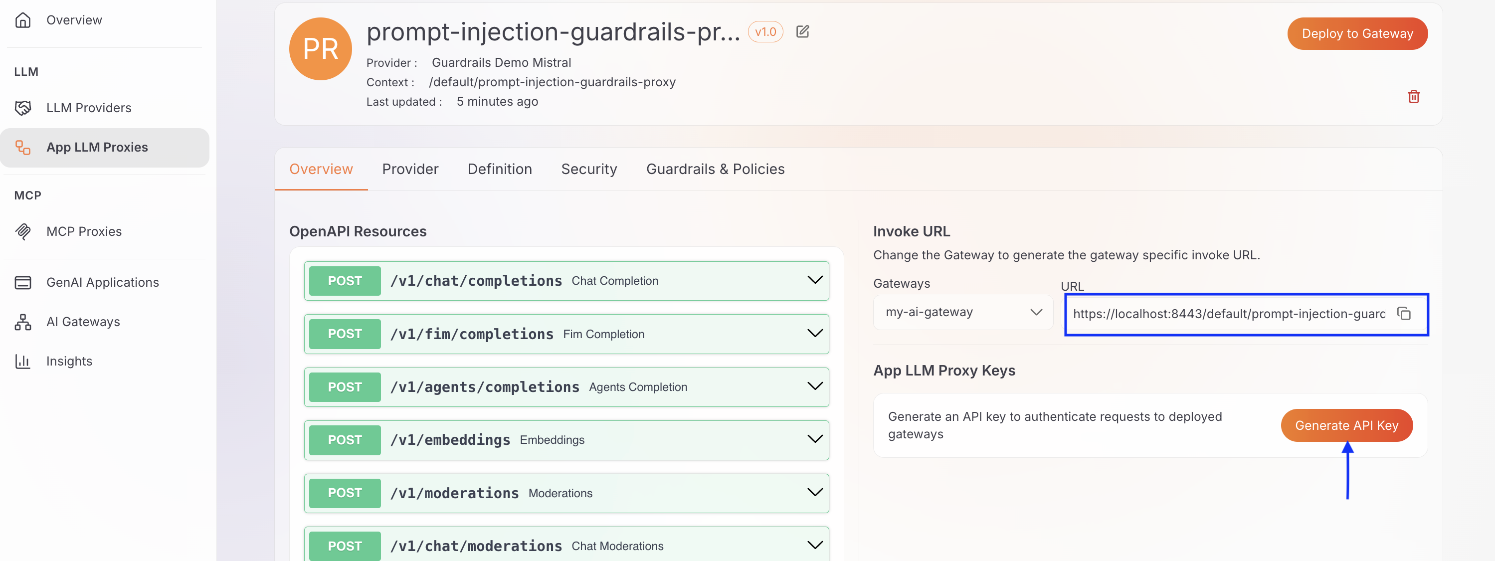 Invoke URL and generated client API key for the LLM proxy