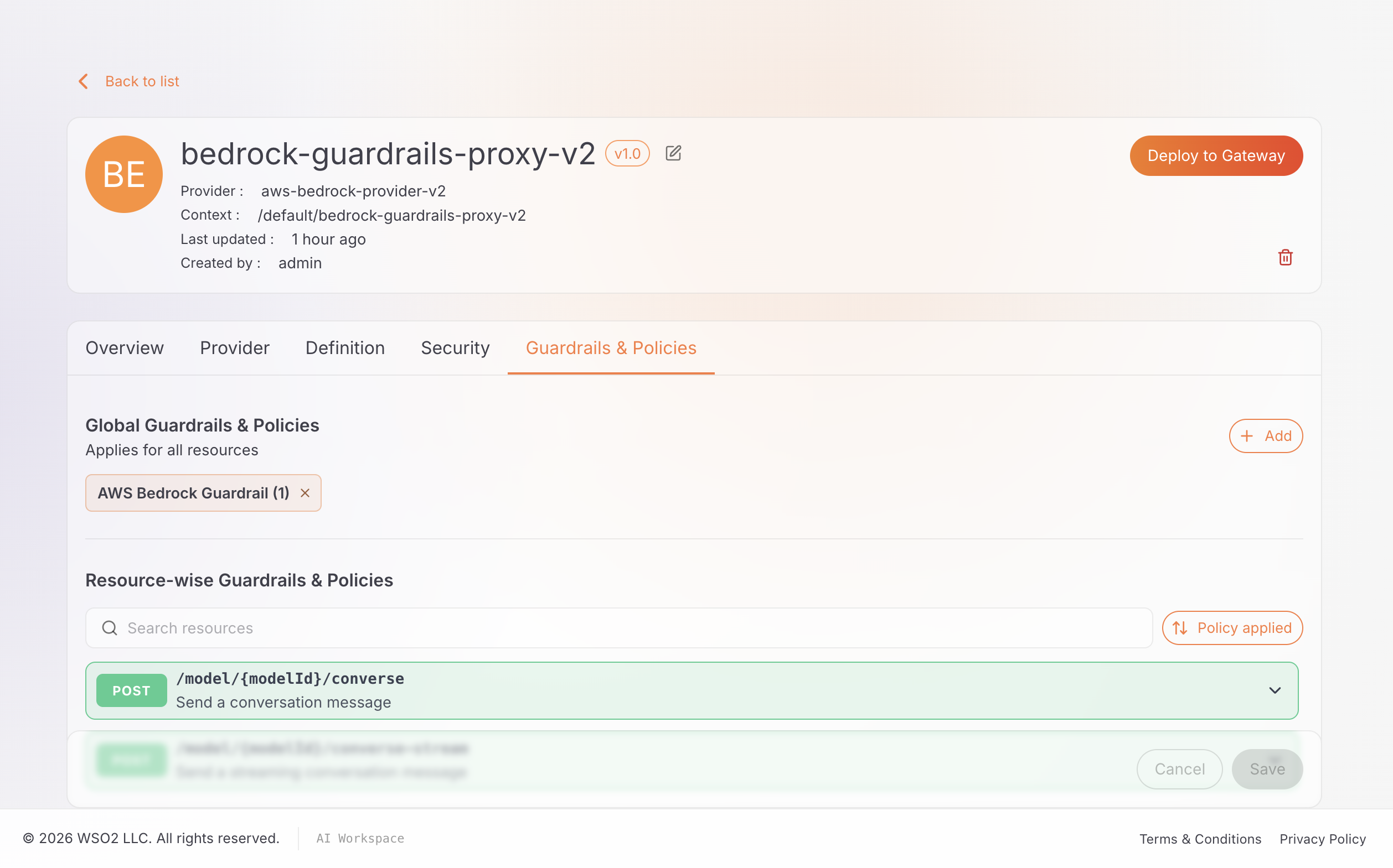 Guardrails and Policies tab showing the AWS Bedrock Guardrail (1) chip under Global Guardrails and Policies