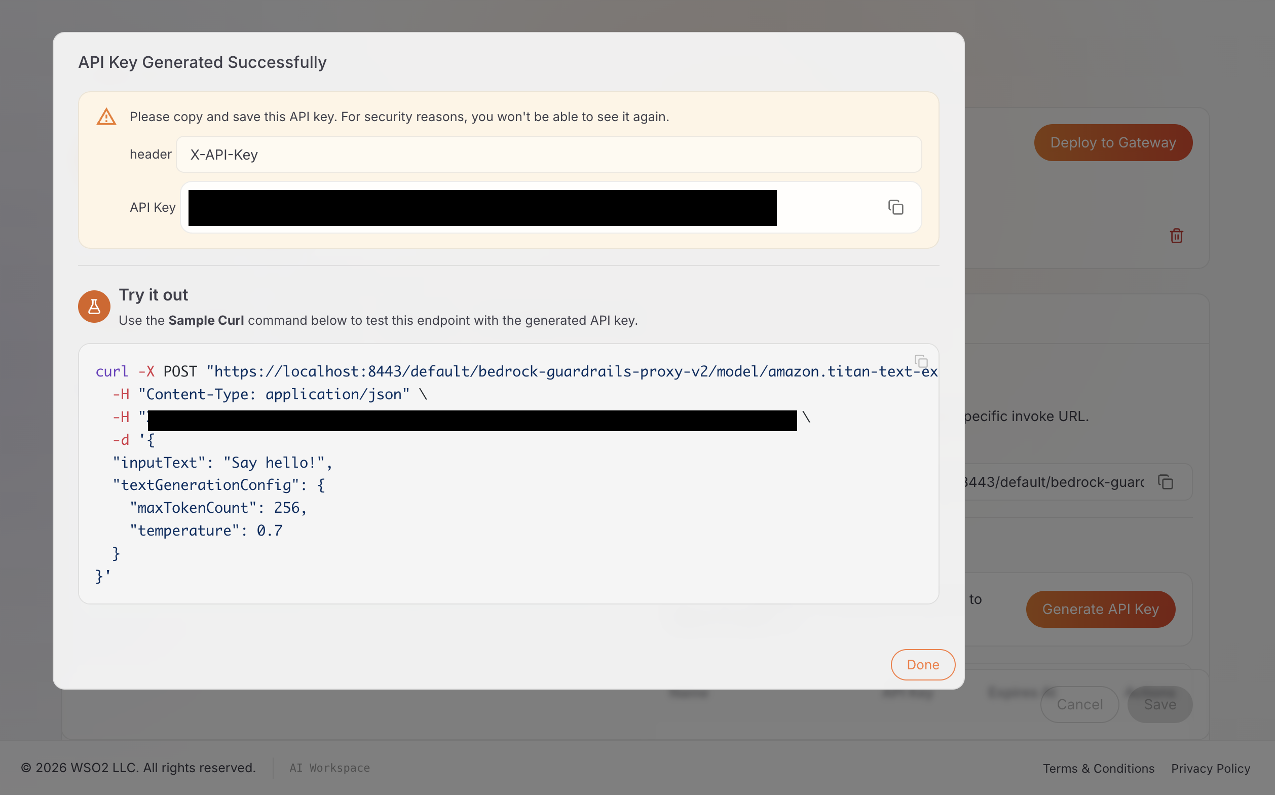 API Key Generated Successfully modal with the API key value and the sample curl command's X-API-Key header both covered with a solid black overlay
