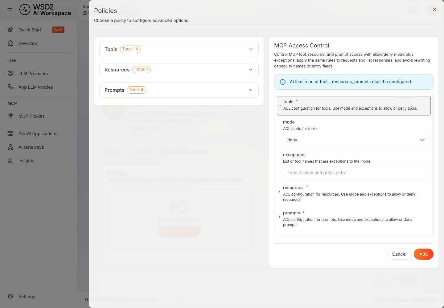 MCP Access Control, tools section expanded