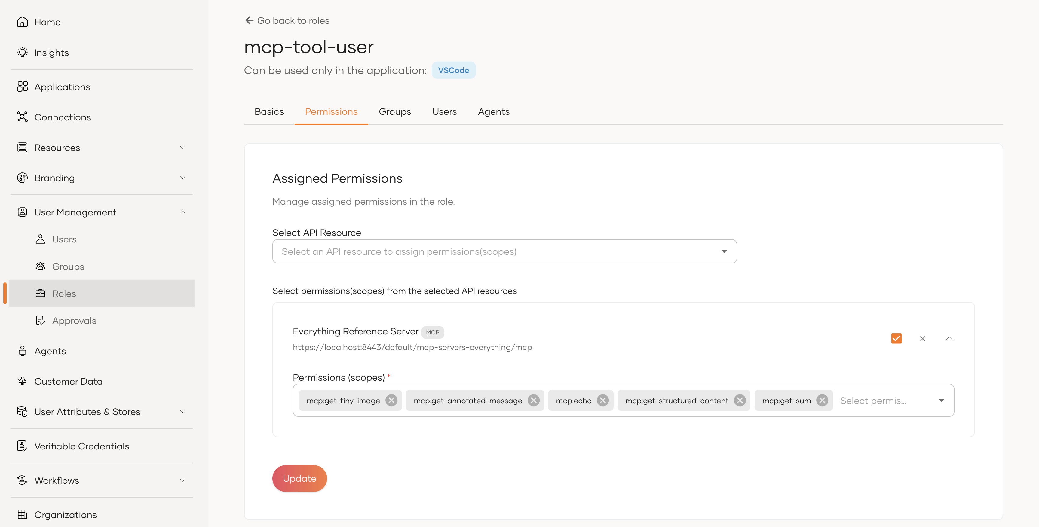 The mcp-tool-user role with permissions assigned, in WSO2 Identity Platform