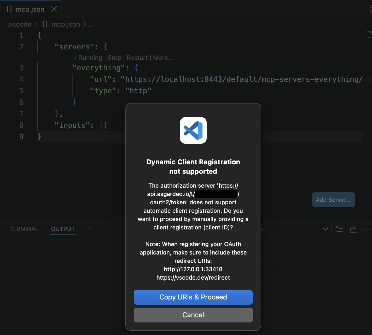 VSCode popup during Dynamic Client Registration attempt