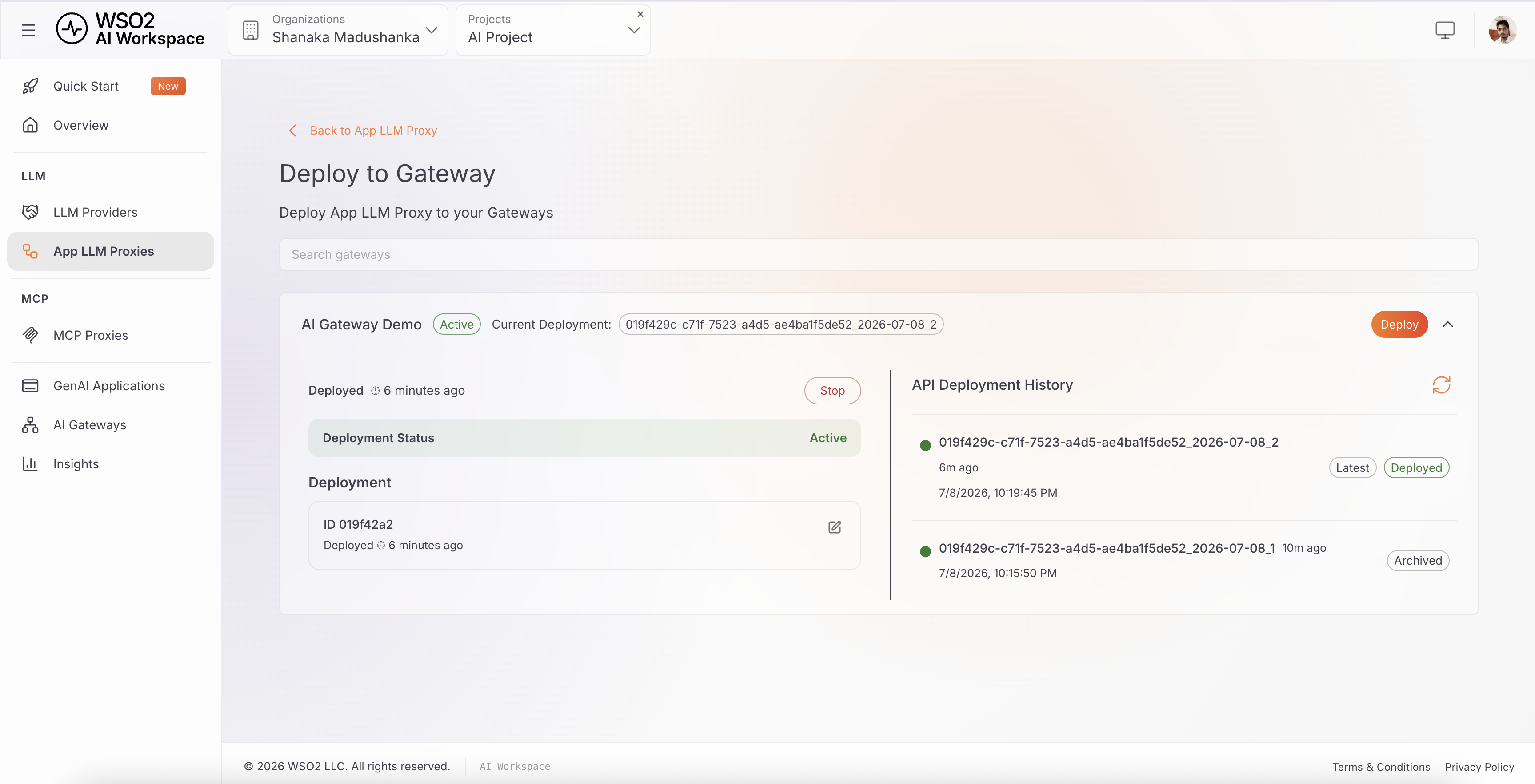 Deploy to Gateway page showing the App LLM Proxy deployment status as Active