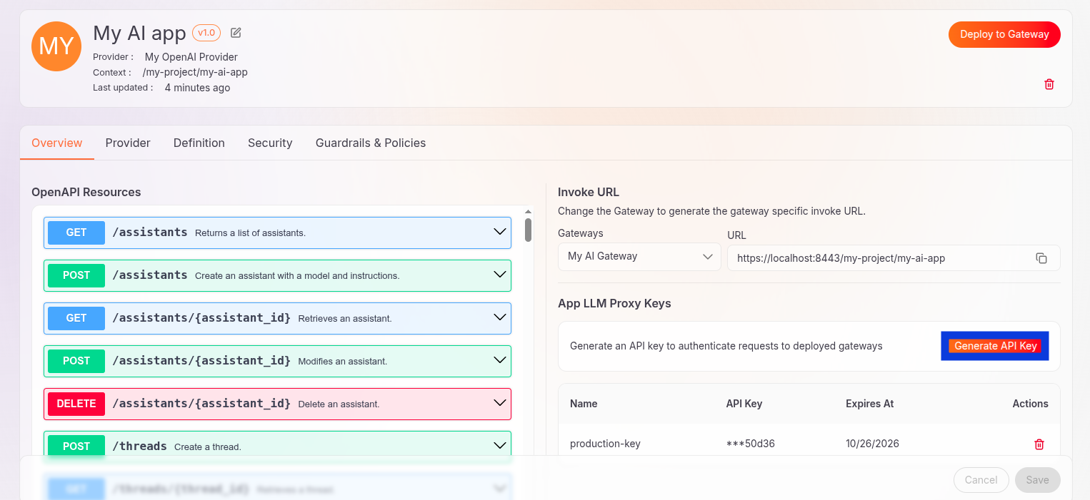 Creating an API key to secure access to the App LLM Proxy.