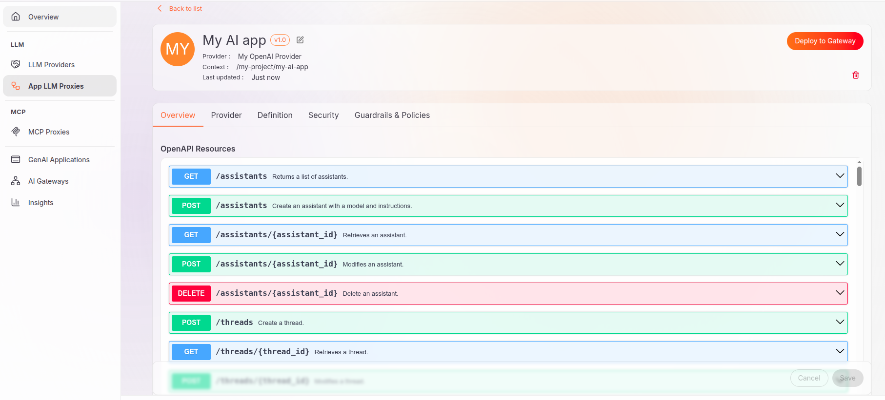 The overview screen of the newly-created App LLM Proxy.