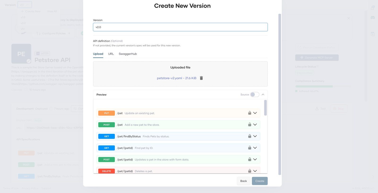 Create New Version dialog with version v2.0, the uploaded petstore-v2.yaml file, and a preview of its operations