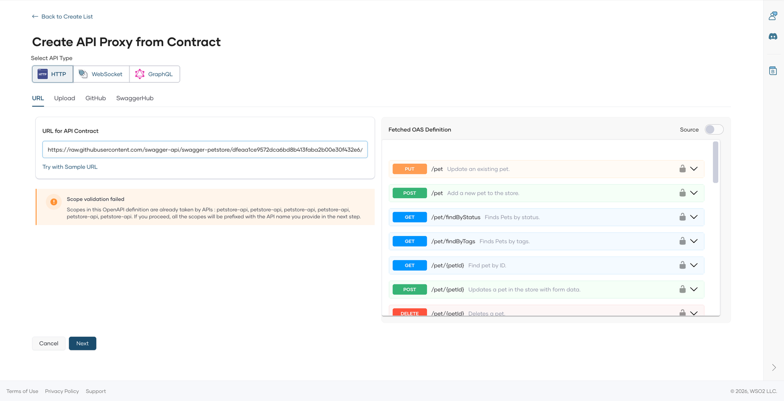 WSO2 API Platform Create API Proxy from Contract page with the pinned Swagger Petstore URL and the fetched list of operations