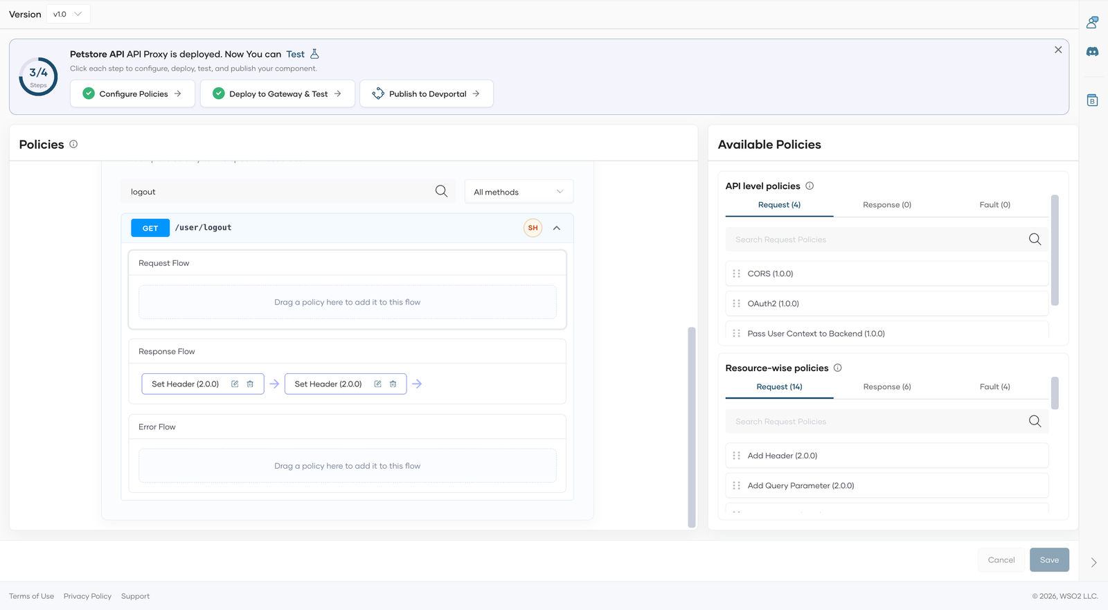 Policies page showing two Set Header policies in the Response Flow of GET /user/logout