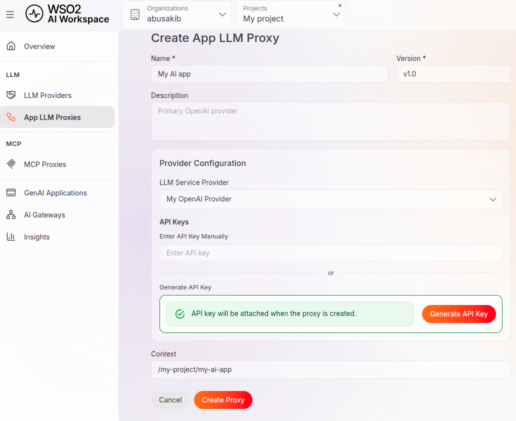 Specifying various App LLM Proxy details.