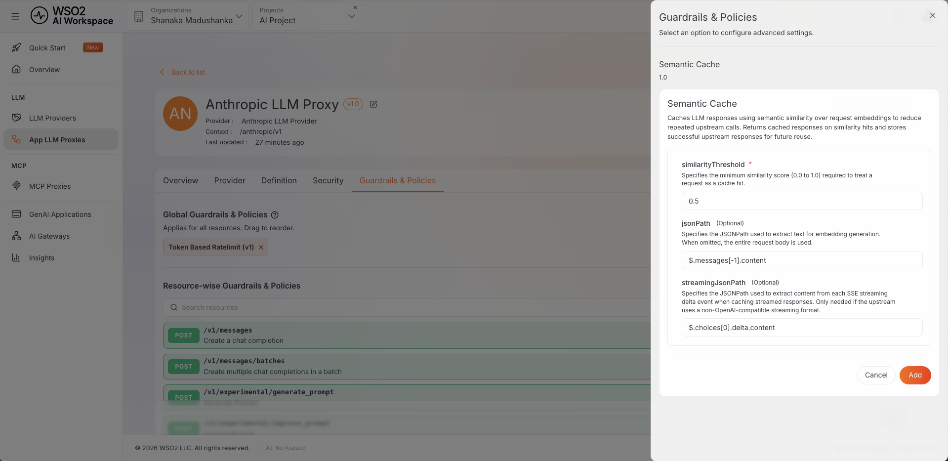 Semantic Cache guardrail configuration dialog showing the similarity threshold and JSON path settings