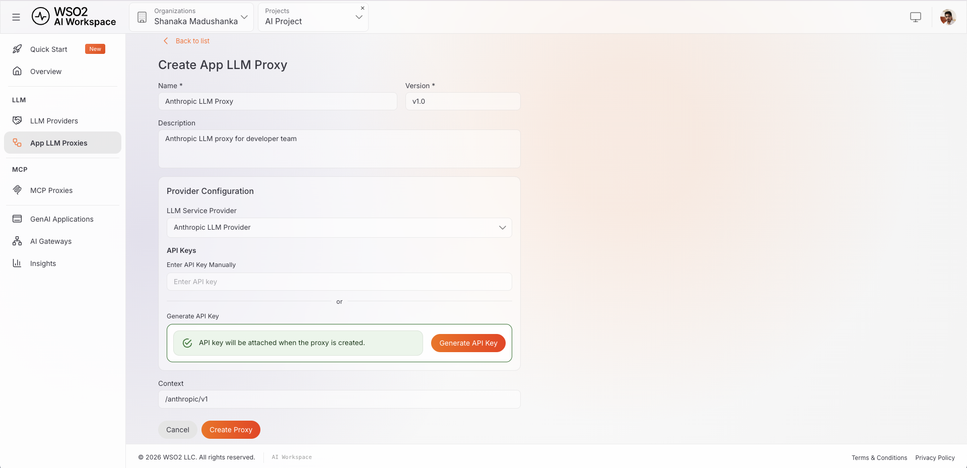 Create App LLM Proxy form in AI Workspace with the LLM service provider set to Anthropic LLM Provider and context set to /anthropic/v1