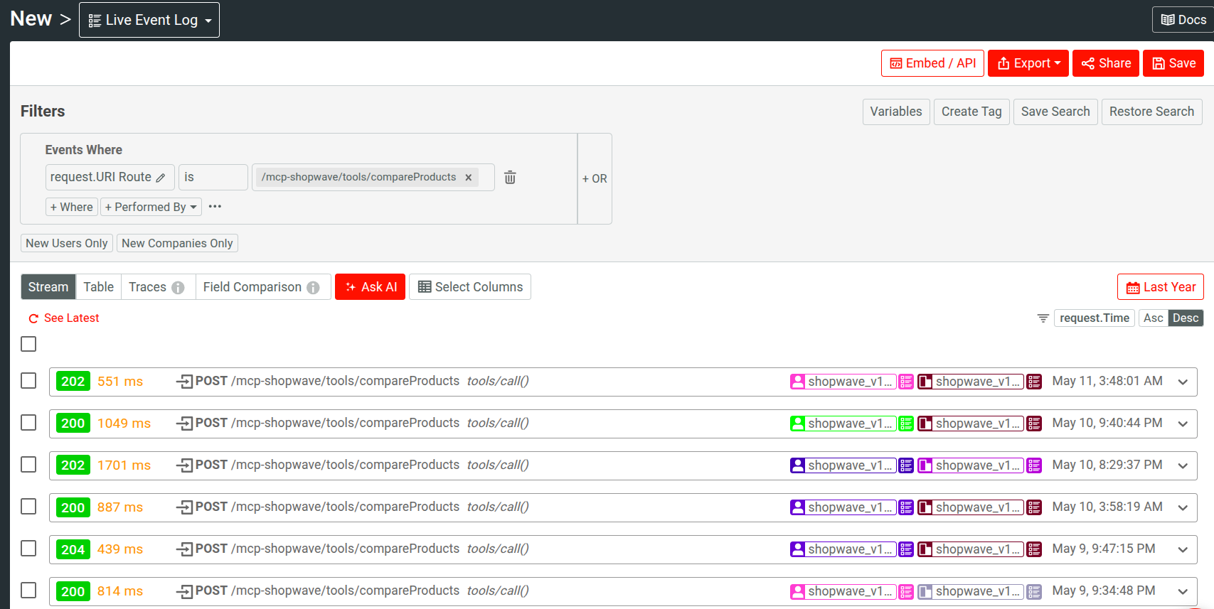 Real-time MCP traffic in Moesif Live Event Log