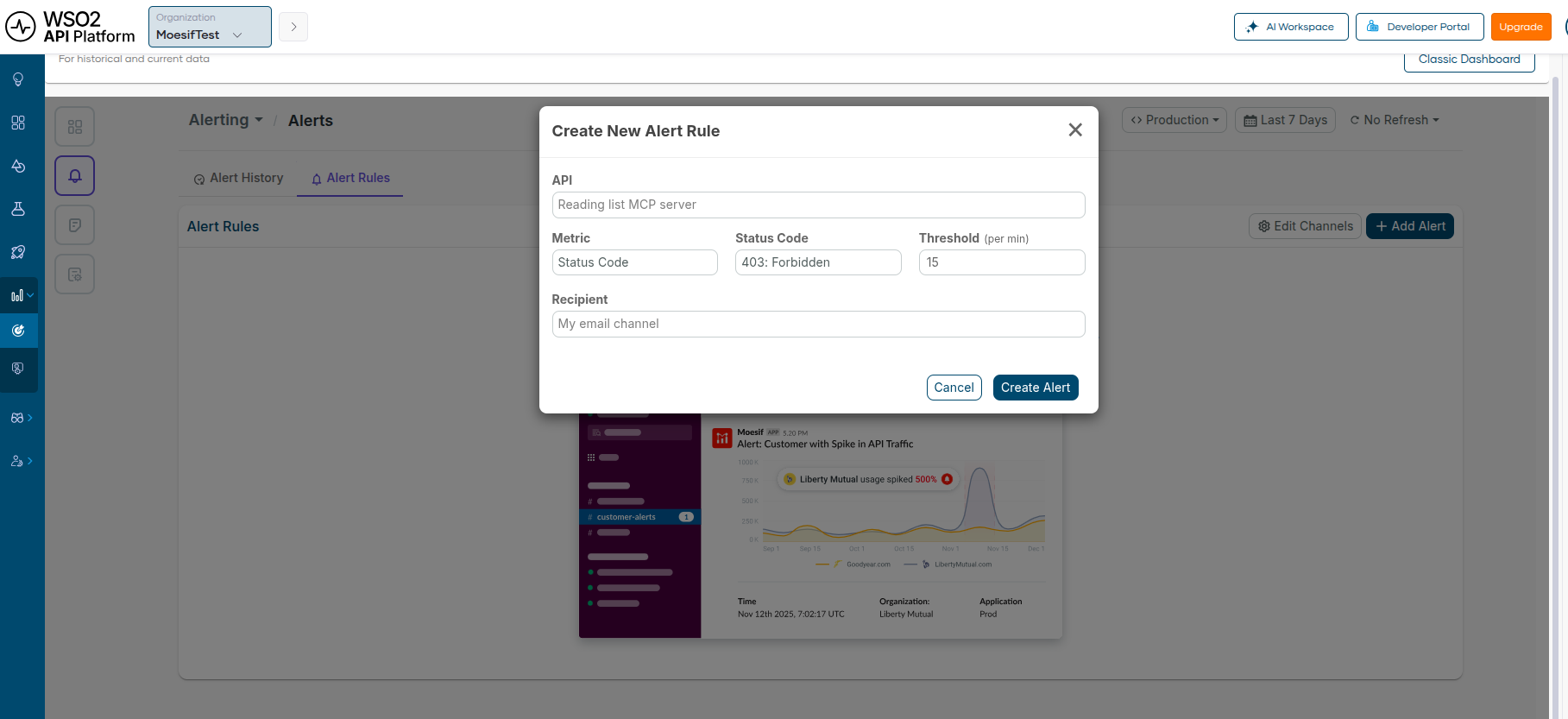 Creating an email alert in Moesif Basic to get alerted on high number of 403 Forbidden alerts