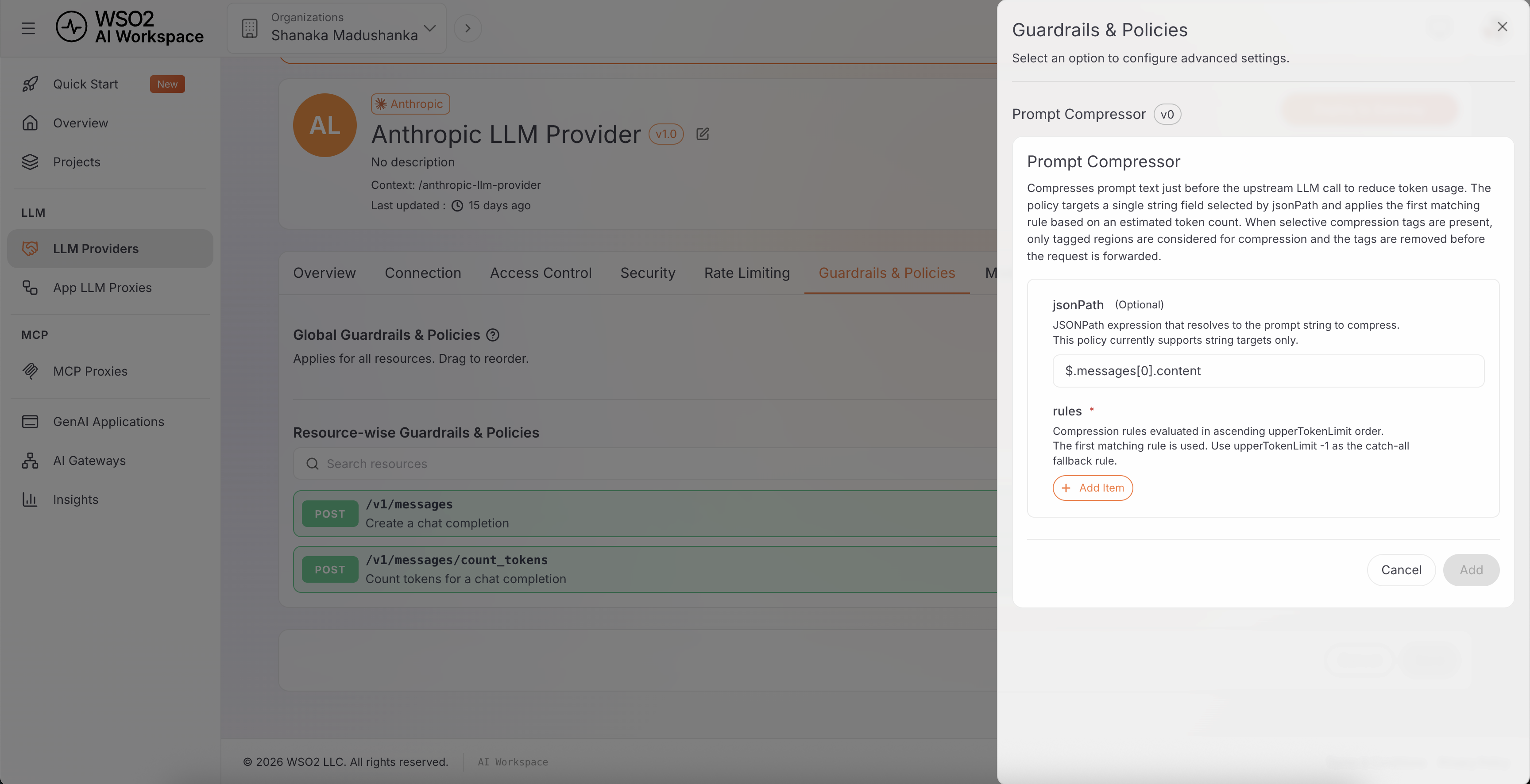 Prompt Compressor policy configuration dialog on the AI API