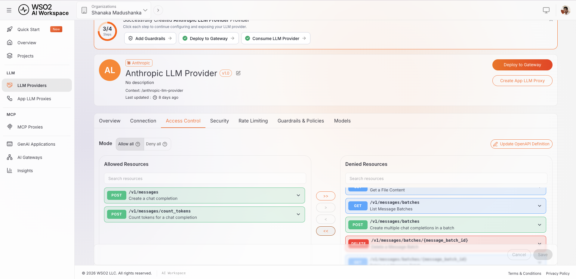 Access Control tab for the Anthropic LLM Provider with /v1/messages and /v1/messages/count_tokens moved to Allowed Resources