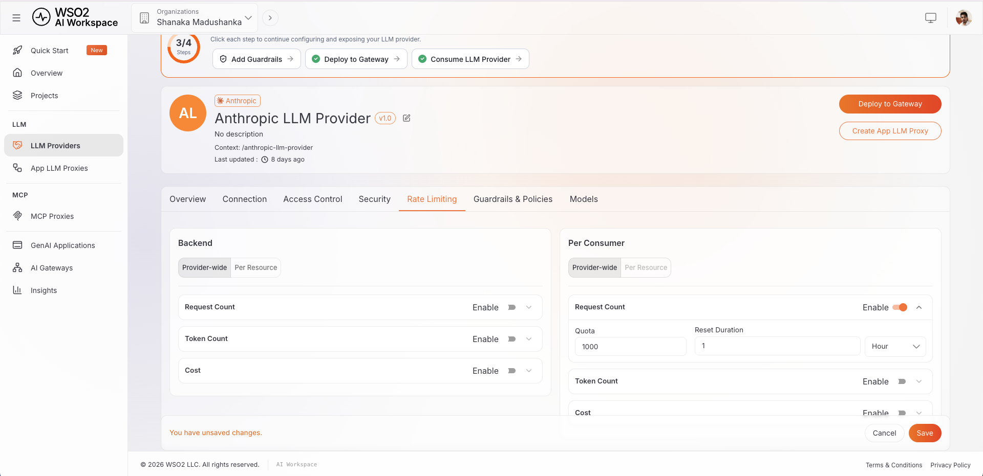 Rate Limiting tab of the Anthropic LLM Provider showing per-consumer request count, token count, and cost quotas