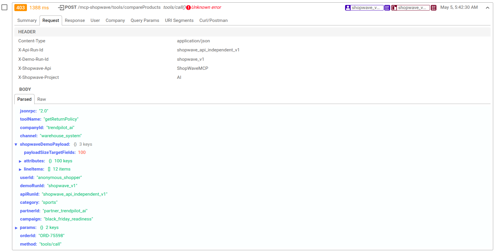 Observing the payload of a tool call in an MCP server through Moesif Live Event Log