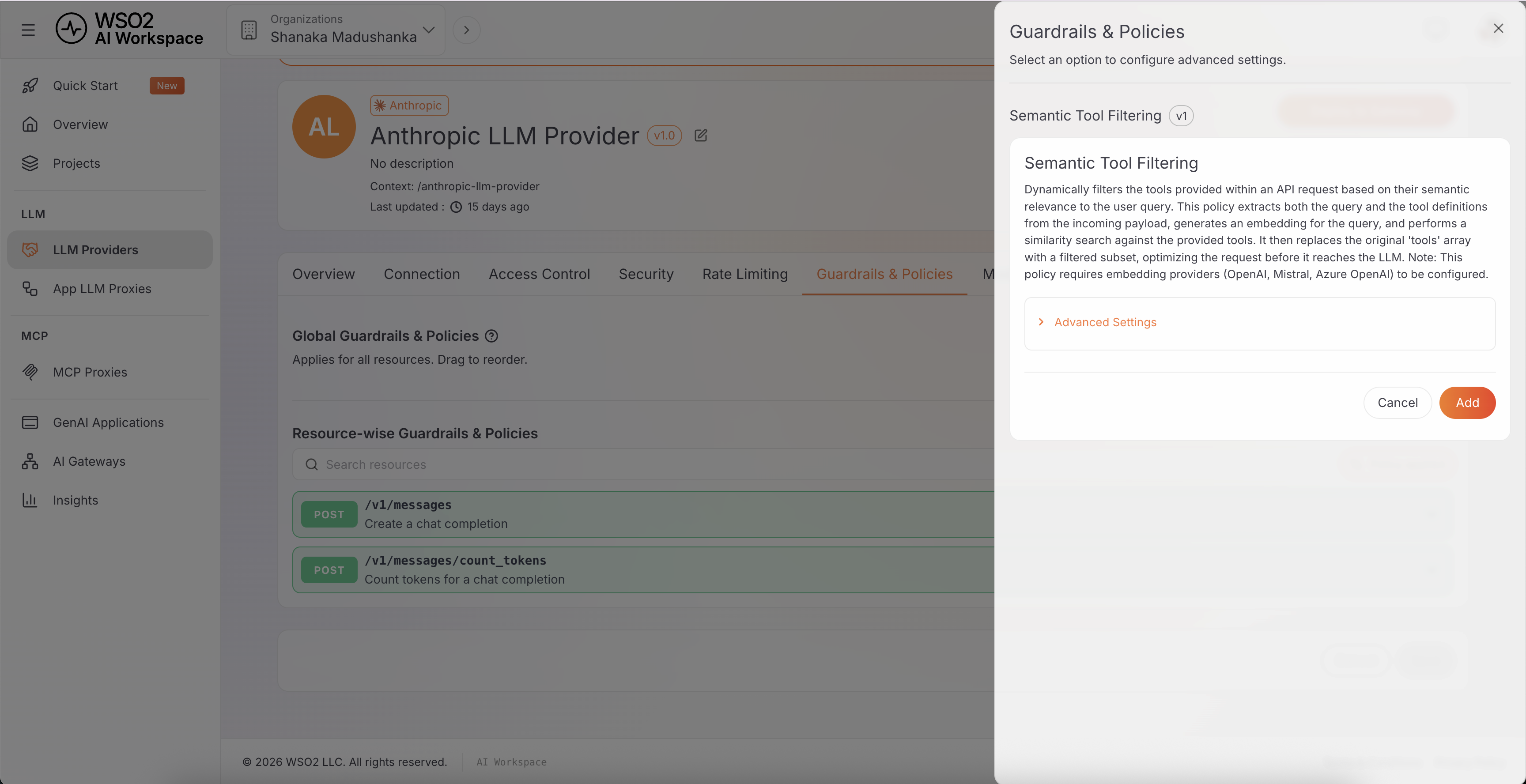 Semantic Tool Filtering guardrail configuration dialog showing the selection mode, limit, and query/tools JSONPath settings