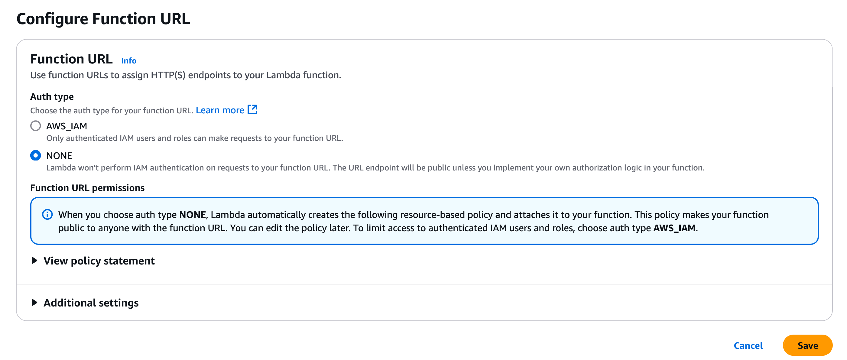 AWS Configure Function URL