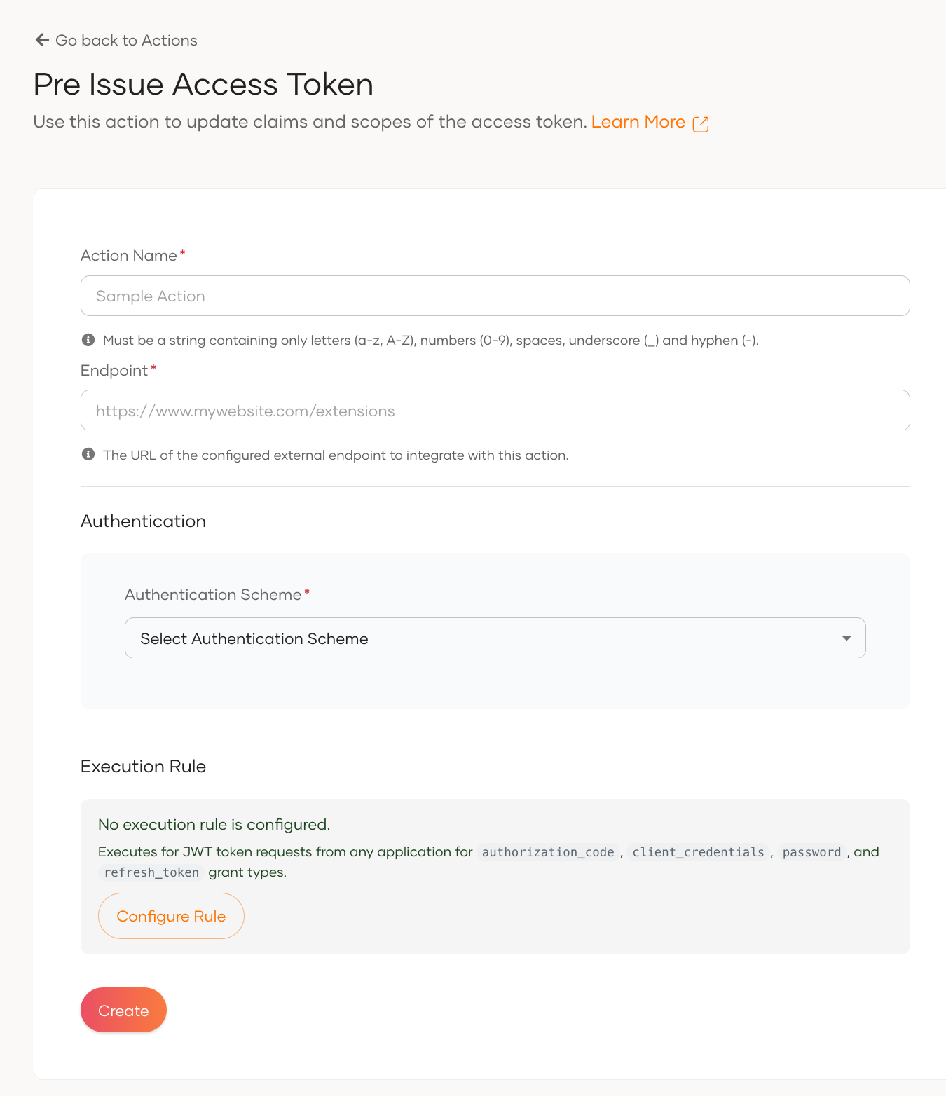 Configure Pre Issue Access Token Action