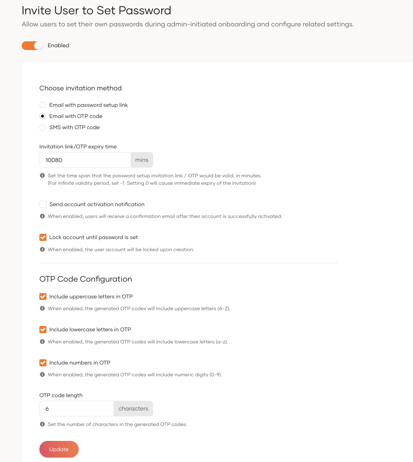 Invite User to Set Password Configuration