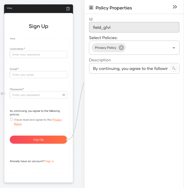 Policy consent widget in Flow Builder