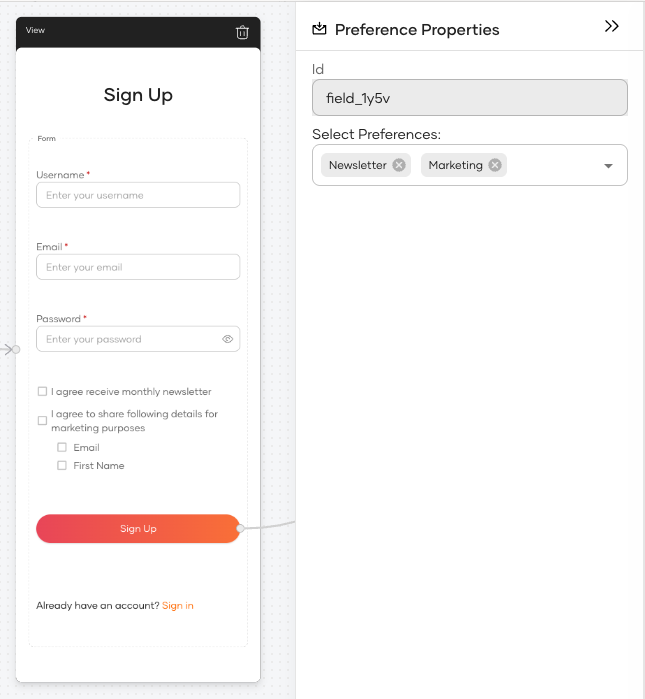 Preference Management widget added as a component
