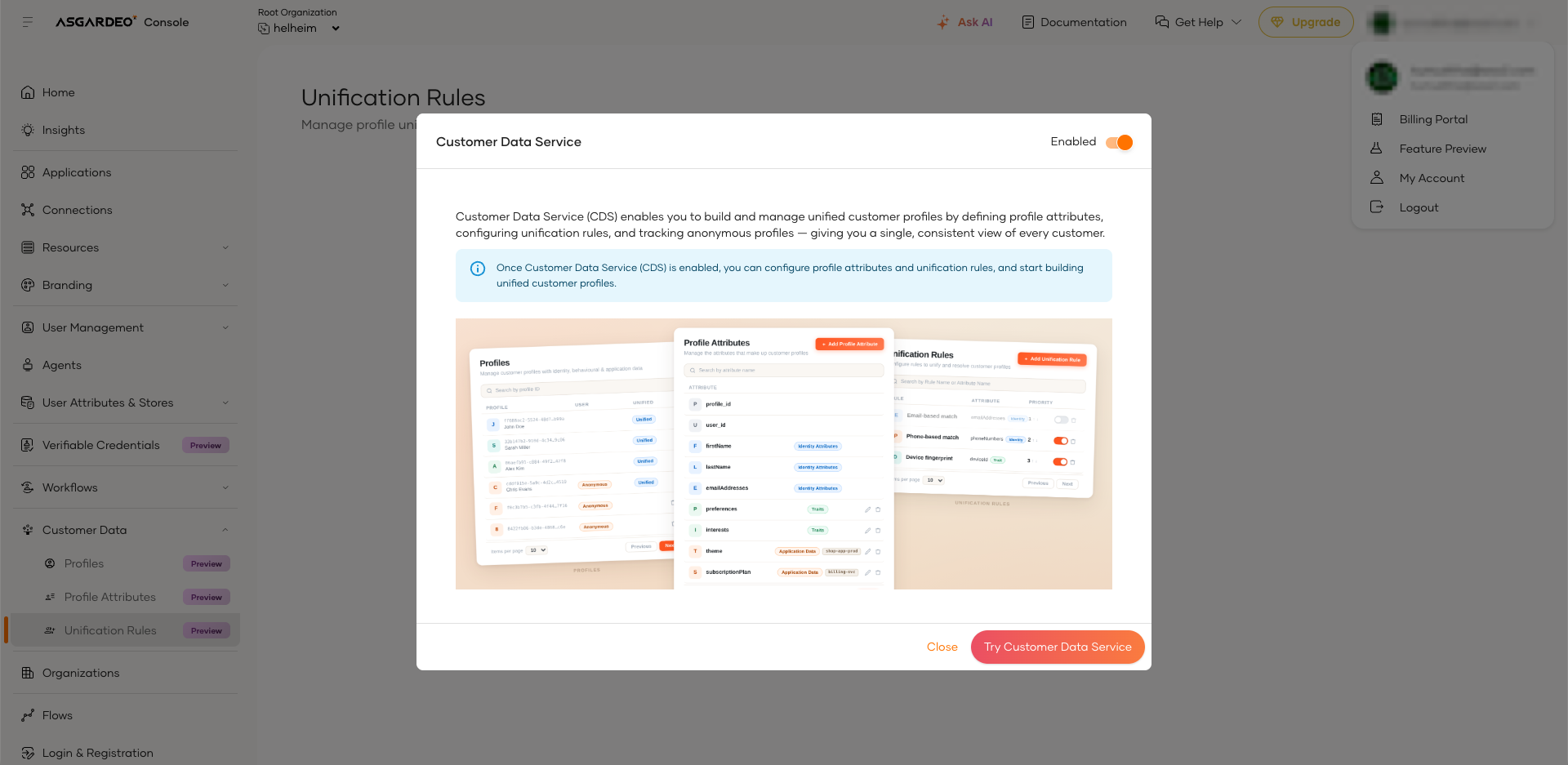 Enable Customer Data Service from Feature Preview